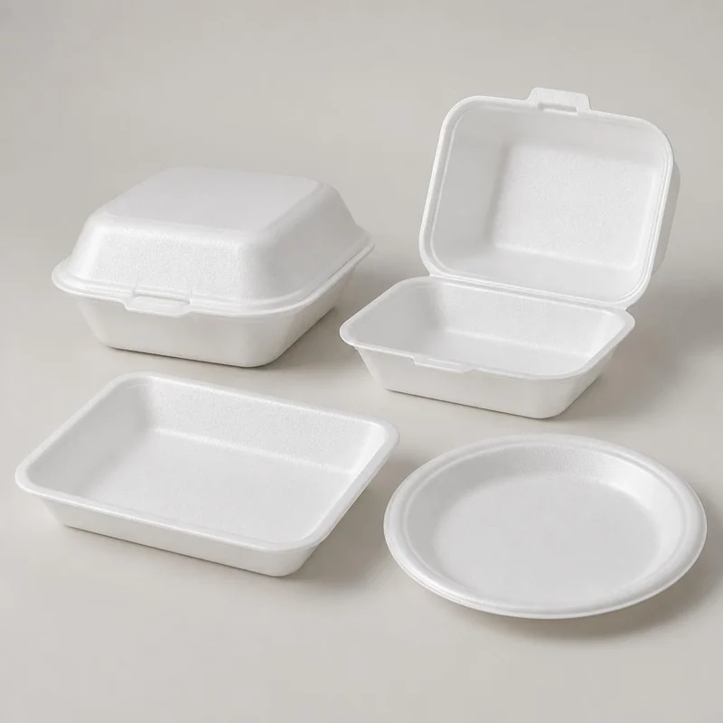 Illustratie van witte schuimverpakkingen, takeawaytray en bord