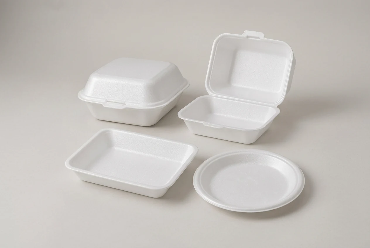 Witte schuimtakeawayboxen, een rechthoekige tray en een rond bord op een lichtgrijze studioachtergrond